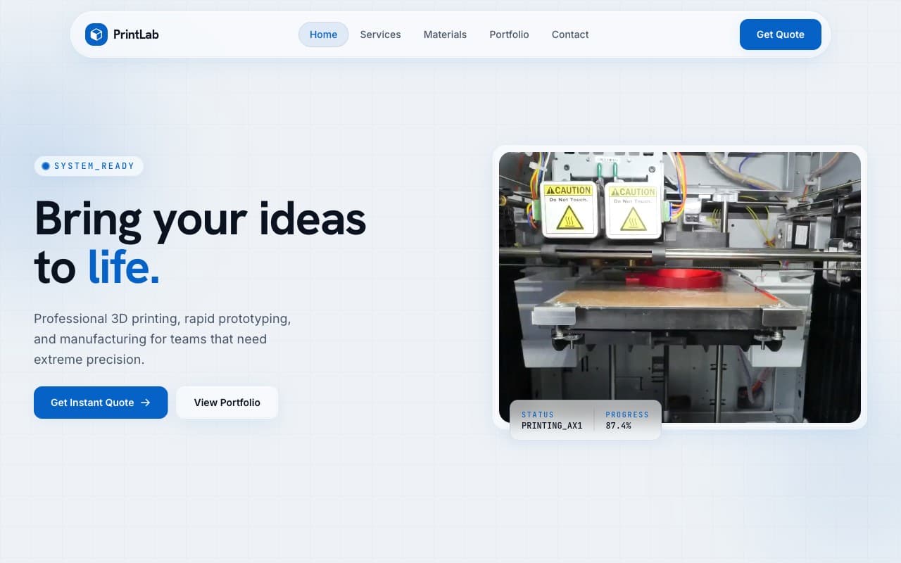 PrintLab — manufacturing demo website designed and built by Stacky in Malaysia
